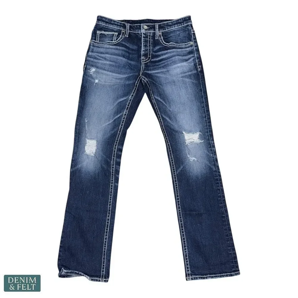 BKE Men’s Distressed Bootcut Jeans Button Fly Dark Wash Denim 33x28 NEW
